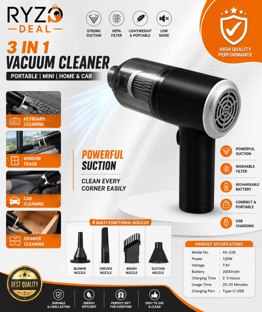 3 in 1 Portable Vacuum Cleaner – Mini Cleaner for Car, Home & Desk