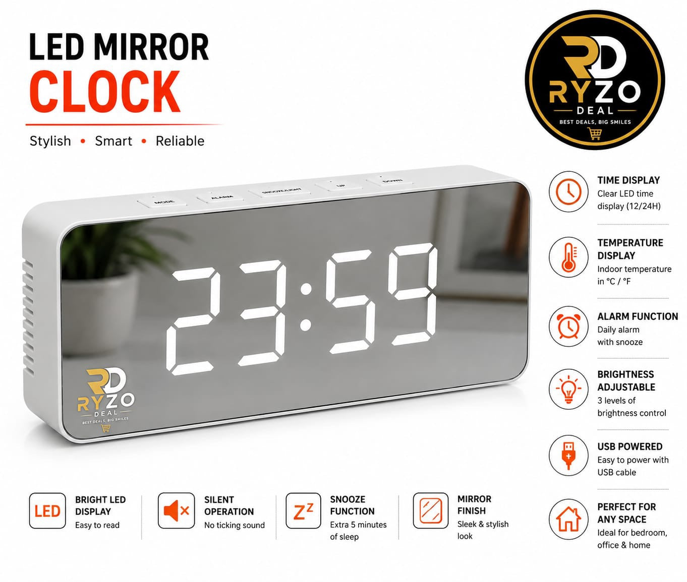 LED Mirror Digital Clock – Stylish Table Clock with Bright Display