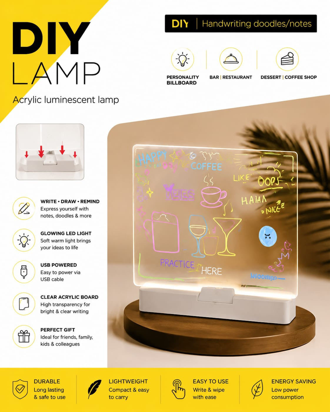Creative LED Note Board Lamp – Glowing Acrylic Message Lamp