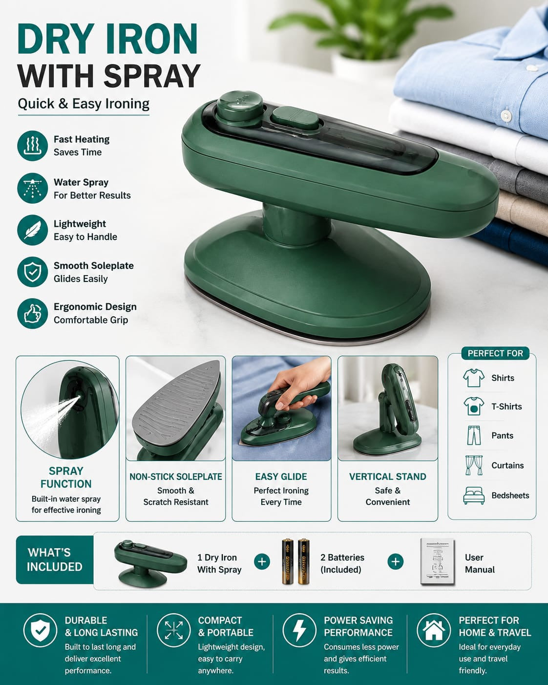 Dry Iron with Spray – Portable Fast Heating Clothes Iron